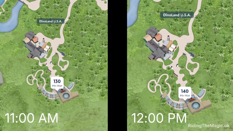 A map of DinoLand U.S.A. showing wait times at 11:00 AM and 12:00 PM