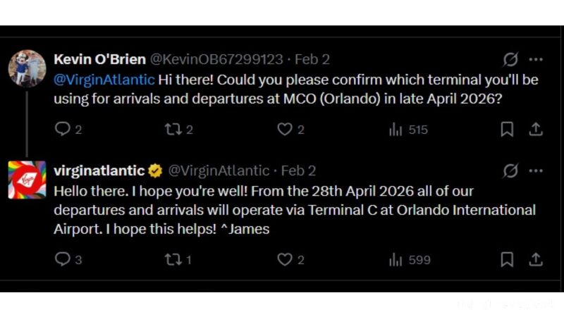 Kevin O'Brien asked Virgin Atlantic which terminal they will use for arrivals and departures in April