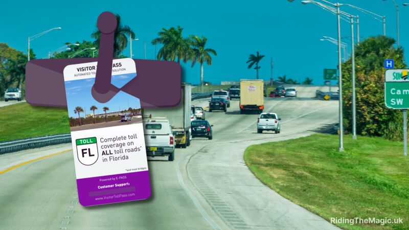 A visitors toll pass hanging on a rear view mirror with a Floridian highway in the background with traffic